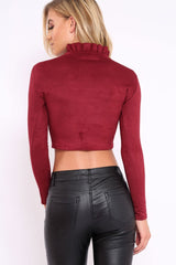 Wine Suedette Top with High Frill Neck - Lorelai