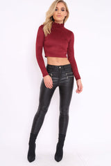 Wine Suedette Top with High Frill Neck - Lorelai