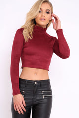 Wine Suedette Top with High Frill Neck - Lorelai