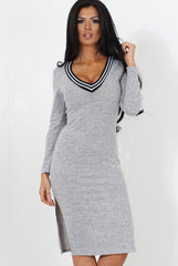Grey V Front Split Midi Dress-Loretta