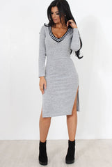 Grey V Front Split Midi Dress-Loretta