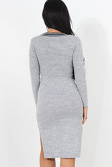 Grey V Front Split Midi Dress-Loretta