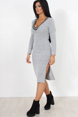 Grey V Front Split Midi Dress-Loretta