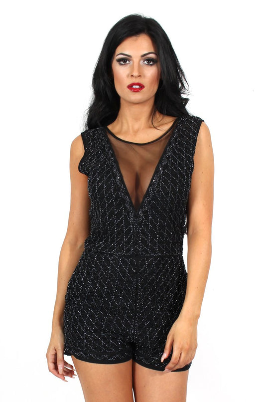 Lori Black Sequin V Neck Playsuit