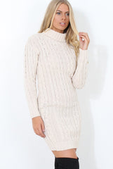 Beige Cowl Neck Knitted Dress-Loria