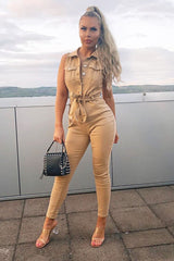 Camel Button Front Sleeveless Jumpsuit - Faven