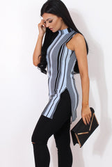 Lorina Blue Striped Side Split Top