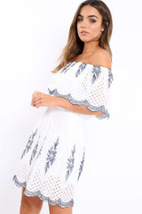 White Embroidered Bardot Dress - Lottie