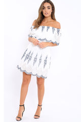 White Embroidered Bardot Dress - Lottie
