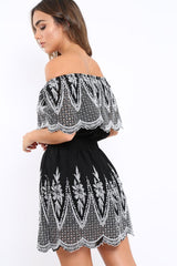 Black Embroidered Bardot Dress - Lottie