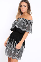 Black Embroidered Bardot Dress - Lottie