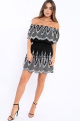 Black Embroidered Bardot Dress - Lottie