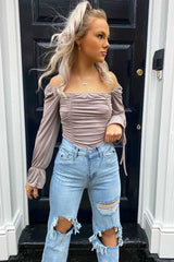 Mink Ruched Panel Tie Wrist Slinky Bodysuit - Elenna