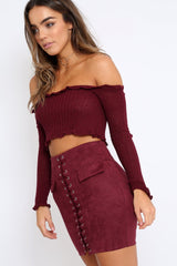 Wine Knitted Bardot Frill Crop Top - Kesia