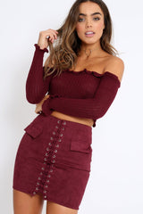 Wine Knitted Bardot Frill Crop Top - Kesia