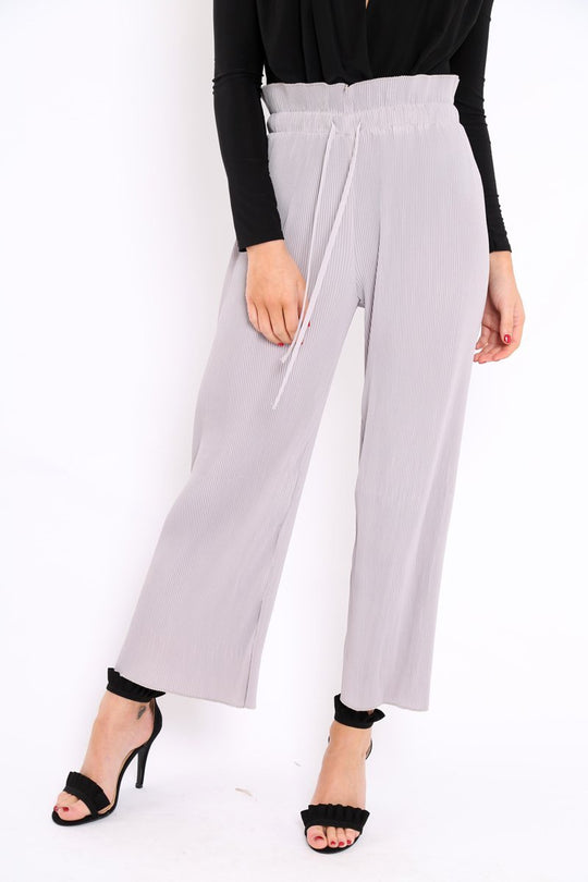 Grey Paper Bag Waist Wide Legged Pleated Trousers - Louise