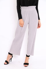 Grey Paper Bag Waist Wide Legged Pleated Trousers - Louise