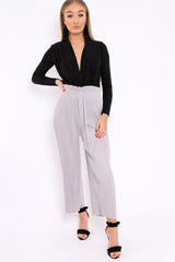 Grey Paper Bag Waist Wide Legged Pleated Trousers - Louise