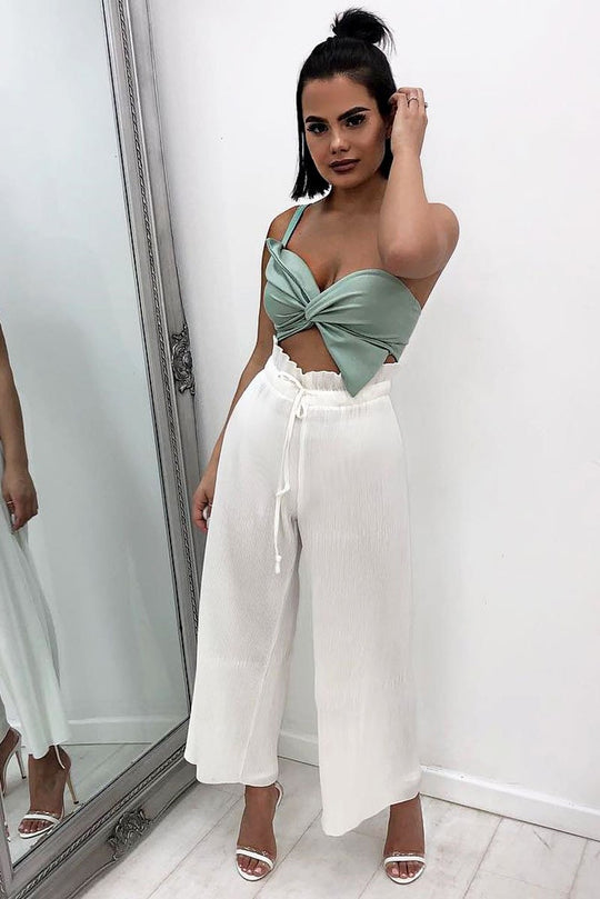 White Paper Bag Waist Wide Legged Pleated Trousers - Louise