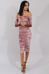 Pink Velvet Ruched Bardot Bodycon Dress - Louise
