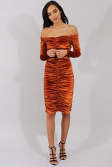 Rust Velvet Ruched Bardot Bodycon Dress - Louise