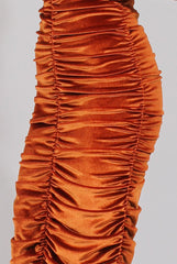 Rust Velvet Ruched Bardot Bodycon Dress - Louise