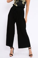 Black Paper Bag Waist Wide Legged Pleated Trousers - Louise