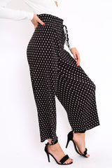 Black Polka Dot Paper Bag Waist Wide Legged Pleated Trousers - Louise