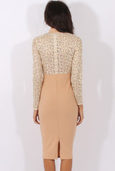 Nude & Gold Mesh Top Embroidered Midi Dress - Louiza