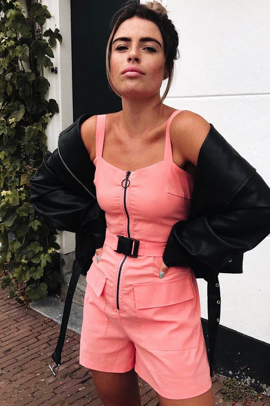 Peach Plunge Belted Waist Sleeveless Playsuit - Kerstyn