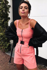 Peach Plunge Belted Waist Sleeveless Playsuit - Kerstyn