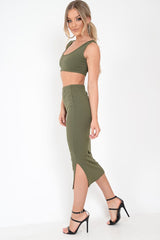 Khaki Bodycon Skirt And Crop Top Co-Ord - Loyola