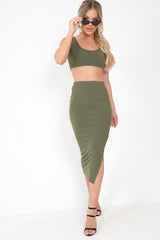 Khaki Bodycon Skirt And Crop Top Co-Ord - Loyola