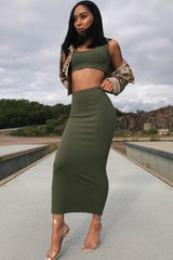 Khaki Bodycon Skirt And Crop Top Co-Ord - Loyola