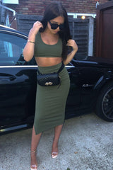 Khaki Bodycon Skirt And Crop Top Co-Ord - Loyola
