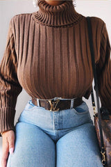 Khaki Wide Rib Roll Neck Jumper - Joyanna