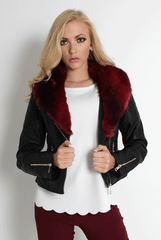Paloma Faux Leather Red/Black Fur Jacket