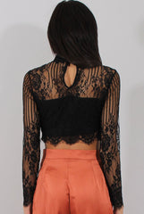 Black Lace High Neck Crop Top - Luanne