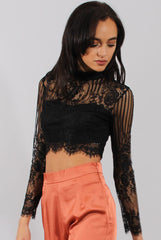 Black Lace High Neck Crop Top - Luanne