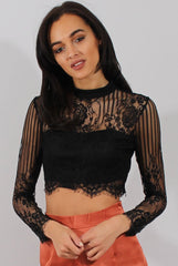 Black Lace High Neck Crop Top - Luanne