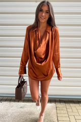 Rust Satin Extreme Cowl Neck Shirt - Luca