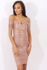 Bronze Metallic Pleated Bardot V Front Midi Dress - Lucia