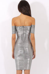 Silver Metallic Pleated Bardot V Front Midi Dress - Lucia