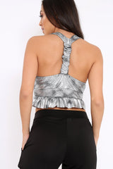 Silver Metallic Frill Hem Racer Back Crop Top - Lucie