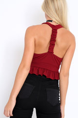 Wine Frill Hem Racer Back Crop Top - Lucie