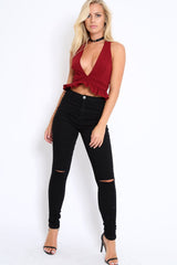 Wine Frill Hem Racer Back Crop Top - Lucie