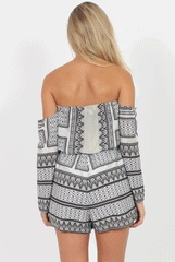 Grey Print Drawstring Bardot Playsuit - Lucinda