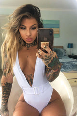 White Extreme Plunge Belted Swimsuit - Elvi