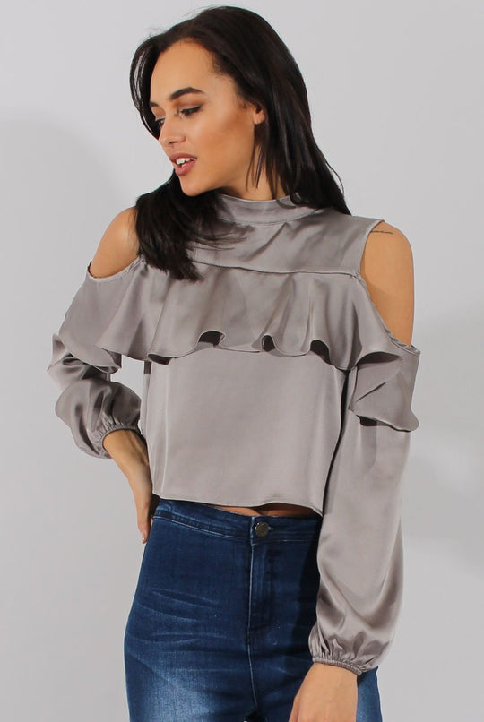 Grey Cold Shoulder Frill Layer Top - Lucy