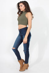 Lucy Khaki Knitted High Neck Top